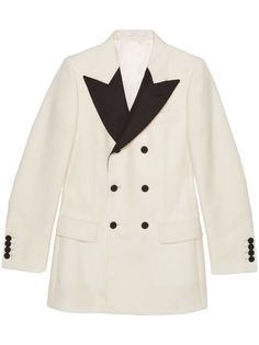 Gucci contrasting-lapel double-breasted Jacket - Farfetch Gucci Notch Lapel Outerwear With Double Button, Chic Gucci Notch Lapel Blazer, Chic Gucci Blazer With Notch Lapel, Luxury Gucci Cream Outerwear, Luxury Cream Gucci Outerwear, Gucci Long Sleeve Cream Outerwear, Gucci Cream Long Sleeve Outerwear, Classic White Gucci Outerwear, Gucci Double-breasted Workwear Blazer