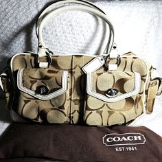 Coach Bag New With Tags Designer Beige Handheld Satchel, Designer Beige Bags With Branded Hardware, Coated Canvas Satchel With Branded Hardware, Brown Handheld Bag With Branded Hardware, Brown Handheld Bags With Branded Hardware, Formal Beige Coated Canvas Bag, Cream Shoulder Bag With Removable Pouch In Coated Canvas, Cream Coated Canvas Shoulder Bag With Removable Pouch, Classic Cream Bags With Branded Hardware