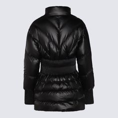 100% polyester Fitted Black Nylon Outerwear, Luxury Solid Outerwear For Fall, Designer Black Puffer Outerwear, Black Polyamide Outerwear For Fall, Designer Black Nylon Outerwear, Luxury Black Blazer For Winter, Black Blazer With Padded Collar For Fall, Luxury Black Winter Blazer, Black Fall Blazer With Padded Collar