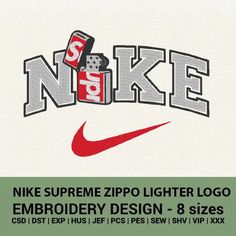 the nike logo is displayed in front of a white background with red and black letters