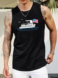 Russoo - Mens Summer Sleeveless Tank Top: American Cruise Ship Pattern Print, Stylish and Comfortable Fitness Training Vest in Plus Size Black Cotton Beach Vest, Black Tank Vest For Beach, Sports Fit, Sleeveless Tank Top, Cruise Ship, Sleeveless Tank, Fitness Training, Mens Summer, Casual Wear