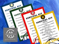 three survival kits are shown on a blue background