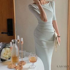 Lasaky - Sensual Long Sleeve Dress with High-Waisted Fit and Stylish Shoulder Line Elegant Slim Fit Solid Color Dresses, Fitted Waist Party Dress, Slim Bodycon Dress, Dress Office, Midi Bodycon Dress, Backless Crop Top, Simple Dress, Crewneck Dress, Slim Fit Dresses