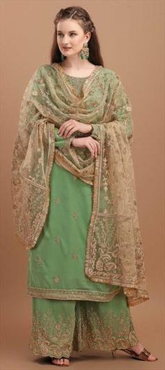 Green color Salwar Kameez in Georgette fabric with Embroidered work Green Churidar With Resham Embroidery For Reception, Green Dola Silk Churidar With Sheer Dupatta, Embroidered Green Churidar For Reception, Green Unstitched Suit For Reception With Traditional Drape, Green Unstitched Suit For Reception In Traditional Drape, Pista Green Churidar For Eid Reception, Wedding Kurta In Pista Green Chinon, Unstitched Pista Green Dupatta For Reception, Pista Green Unstitched Dupatta For Reception