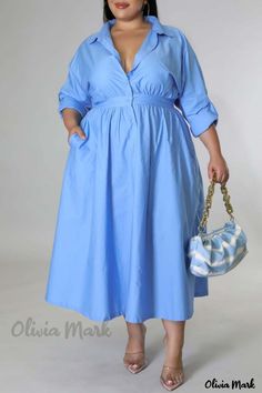 Color: Blue, Size: 4XL Modest Apparel, Silhouette Shirt, Collared Shirt Dress, Dress Sleeve Styles, Plus Size Maxi, Turndown Collar, Plus Size Maxi Dresses, Plus Size Womens Clothing, Long Sleeve Shirt Dress