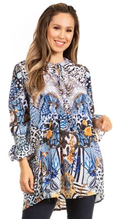 Sakkas Elvira Women's Loose Long Sleeve Swing Top Tunic Blouse Floral Scoop Neck#color_596-Blue Embroidered Caftan, Floral Tunic, Pashmina Shawl, Caftan Dress, Stretch Leggings, Sheer Chiffon, Tunic Blouse, Leggings Sale, Dress Cover