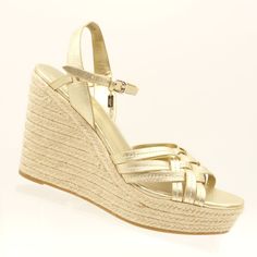 Coach 'Dottie' Brand New No Box! Retail $250 Women's Size 10 Medium Metallic Gold Leather Ankle Strap Buckle Closure Open Toe Woven Straw Platform Sole Platform Wedge Sandal Shoe Heel Height: 4" Platform Height: 1.5" See All Pictures Elegant Coach Sandals For Spring, Gold Leather Wedge Sandals With Cushioned Footbed, Coach Sandals For Spring Vacation, Gold Cushioned Wedge Sandals, Coach Summer Wedge Sandals With Round Toe, Coach Closed Toe Formal Sandals, Coach Wedge Sandals For Spring, Coach Sandals For Vacation With Round Toe, Chic Coach Wedge Sandals For Summer