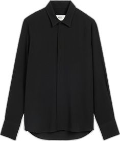 Modern Long Sleeve Wool Tops, Black Long Sleeve Top With Concealed Placket, Formal Wool Tops, Semi-formal Long Sleeve Shirt With Concealed Placket, Sleek Workwear Shirt With Concealed Placket, Modern Long Sleeve Tops With Concealed Placket, Modern Long Sleeve Top With Concealed Placket, Black Tops With Hidden Button Closure And Spread Collar, Tailored Business Tops With Concealed Placket