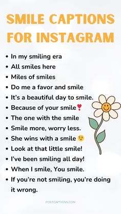 a poster with the words smile captions for instagramm and an image of a flower