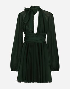 Short Black Dress With Long Sleeves, Dress With Scarf Around Neck, Chic Sheer Silk Chiffon Dress, Chic Silk Chiffon Dress With Sheer Sleeves, Green Sheer Silk Chiffon Dress, Elegant Sheer Daywear Dress, Party Silk Chiffon V-neck Dress, Chic Silk Chiffon V-neck Dress, Chic Evening Dresses With Tie Neck