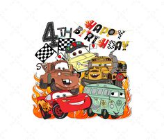 cars and trucks are on fire with the number four in front of them that says happy birthday