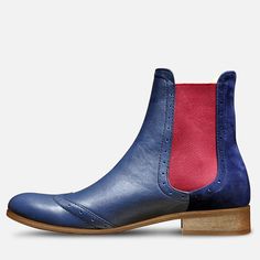 High Quality Leather; upper & lining Man-made sole 2.5 cm / 1.0" heel height 14 cm / 5.5" shaft height Handcrafted in Europe Materials: These Chelsea boots in dark blue shades with contrasting red elastics will make a great addition to your wardrobe. For a dash of originality, the rounded-toe pair is adorned with suede leather at the heel and brogue details. Leathers: Navy Blue Soft, Dark Blue Velvet Elastic: Burgundy Decorations: Brogues Sole: Beige #1685 CUSTOMIZEBANNER9987925889_ Slip-on Calf Leather Boots With Rubber Heel Cap, Pointed Toe Chelsea Boots With Leather Sole, Calf Leather Boots With Leather Sole And Closed Toe, Chelsea Boots With Rubber Sole And Medium Width, Boots With Stitched Sole And Round Toe, Medium Width Boots With Stitched Sole And Round Toe, Low Heel Calf Leather Boots With Leather Sole, Calf Leather Boots With Rubber Sole, Closed Toe, Closed Toe Calf Leather Boots With Rubber Sole