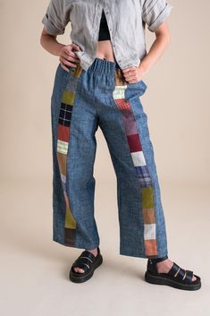 Audra is wearing a size L 30 Patchwork Pants Diy, Between Summer And Fall, Refashion Jeans, Jumpsuit And Cardigan, Quilted Pants, Unique Pants, Patchwork Clothes, Cardigan Tops, Eco Fashion