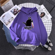 Stay comfortable and stylish with our Womens Cat What Cartoon Hoodies. Made with polyester, these hoodies feature a funny cat theme and eye-catching cartoon pattern. Perfect for cat lovers looking for a touch of humor in their wardrobe. Casual Halloween Anime Print Hoodie, Casual Anime Print Hoodie For Halloween, Hooded Cat Print Sweatshirt For Streetwear, Hooded Sweatshirt With Cat Print For Streetwear, Hooded Cat Design Sweatshirt For Streetwear, Hooded Sweatshirt With Cat Design For Streetwear, Streetwear Hooded Sweatshirt With Cat Design, Cat Design Hoodie Sweatshirt For Streetwear, Casual Hooded Hoodie With Cat Print