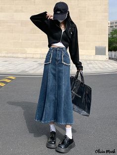 Olivia Mark - Vintage High-waisted Mermaid Denim Skirt with Chic Design Eye Tear, Midi Jean Skirt, Long Jean Skirt, Fishtail Skirt, Fish Tail, Denim Maxi Skirt, Mermaid Skirt, Mid Length Skirts, Denim Midi Skirt