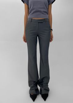 Charley Bootcut Pants - Charcoal – The Frankie Shop Fitted Gray Pants With Pockets, Gray Fitted Work Pants With Welt Pockets, Fitted Gray Work Pants With Welt Pockets, Classic Mid-rise Bottoms With Seam Detailing, Tailored Office Pants With Side Pockets, Casual Workwear Bottoms With Seam Detailing, Stretch Work Pants With Pockets For Office, Chic Fitted Dress Pants With Side Pockets, Gray Office Pants With Pockets