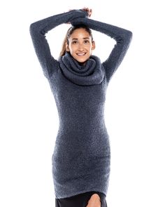 This is one of my favorite pieces. I love how it snugs up to my body and is cozy in every way. I designed the Knitted Dress Cowl Sweater Kalapin to have full length sleeves and an oversized doubled cowl neck. It can be worn as is or pulled over your shoulders for a boat neck appearance. It stretches perfectly over every curve and lands just over the knee. It features a thick sweater knit that is soft, warm, and cozy. Wear this as is over tights or leggings or over a kami with jeans. This is a on Fitted Winter Sweater For Loungewear, Long Stretch Sweater Dress For Winter, Stretch Sweater For Winter Loungewear, Cozy High Neck Sweater For Loungewear, Cozy Fitted Long Sleeve Sweater Dress, Long Sleeve Stretch Sweater Dress For Winter, Stretch Long Sleeve Sweater Dress For Winter, Winter Turtleneck Stretch Sweater Dress, Fitted Long Sweater For Winter