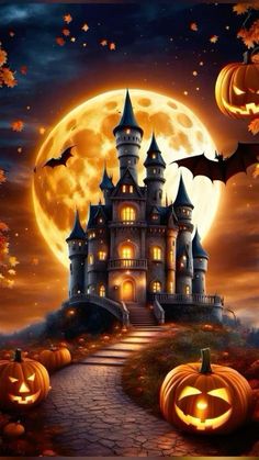 a castle with pumpkins and bats in front of the full moon at halloween time