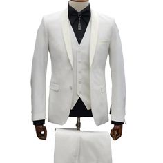 This Ivory Tuxedo - Cream Wedding Suit Is Perfect For Groom And Groomsmen 3pc Slim Fit Suit 2 Button Satin Shawl Lapel With Vest Wedding Tuxedo With Notch Lapel And Single Button, Fitted White Tuxedo For Business, Wedding Tuxedo With Single Button, Fitted White Suit For Wedding, White Fitted Tuxedo For Semi-formal Occasions, Elegant Single Button Wedding Tuxedo, White Fitted Blazer For Wedding, Elegant Single-button Wedding Suit, White Three-piece Wedding Suit