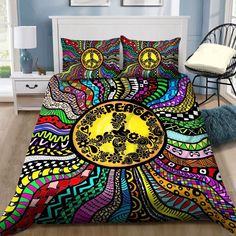 Hippie Colorful Peace Symbol Bedding Set TQH200780-BEDDING SETS-TQH-Twin-Vibe Cosy™ Boho Bedding Sets, Hippie Bedding, Hippie Homes, Hippie T Shirts, Hippie Home Decor, Quilt Comforter, Boho Bedding, Blanket Cover, Duvet Bedding Sets