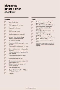 a checklist with the words blog posts before and after it is written in black