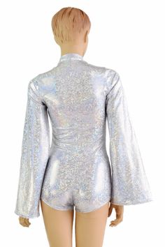 "This item is made to order, please read all the way through the listing before purchasing! This bodysuit is made of a silver on white shattered glass holographic spandex. Long Bell cut sleeves and boy cut legs. This fabric has an amazing holographic sparkle! Deep, plunging v neckline. Four way stretch for a figure forming fit. This bodysuit is unlined. Womens Sizing (See below for instructions on where measurements should be taken) XXS: Bust 29\"-30\" / Waist 22\"-23\" / Hips 30\"-32\" Extra Sm Silver Shiny Stretch Bodysuit, Silver Fitted Bodysuit For Party, Fitted Silver Bodysuit For Party, Metallic Disco Bodysuit For Party, Silver Shiny Bodysuit For Party, Silver Shiny Party Bodysuit, Party Silver Shiny Bodysuit, Silver Bodysuit, Boy Cut