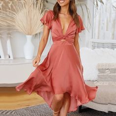 Solid Ruffles Deep V-Neck High Waist Maxi Dress Vintage Satin Dress, High Waist Maxi Dress, Office Dresses For Women, Flowing Dresses, Lotus Leaf, Wedding Guest Outfit Summer, Elegant Dresses For Women, Butterfly Dress, Vestidos Vintage