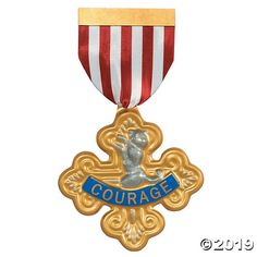 a gold medal with a red and white striped ribbon around it's neck that says courage