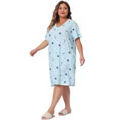 This V-neck nightgown is made of soft and comfortable fabric, with a comfortable and loose fit, suitable for family pajama parties, daily life, going out shopping, midnight, etc. The star and moon designs keep up with fashion trends, so maybe you just need this pajama in your wardrobe. It is also a good choice to give as a gift to your girlfriend, friends, daughter, or mother. Designed specifically for plus size women and designed to provide comfortable clothing for plus size girls and hope to p Cotton V-neck Sleepwear For Pajama Party, Comfortable Blue Sleepwear With Relaxed Fit, Light Blue Casual Sleepwear, Casual Light Blue Sleepwear, Cotton V-neck Nightgown For Sleepover, Cotton V-neck Nightgown For Bedtime, Light Blue Short Sleeve Sleepwear For Lounging, Light Blue Short Sleeve Sleepwear For Loungewear, Blue Relaxed Fit Sleepwear For Night