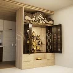 a cabinet with gold decorations on it in a room