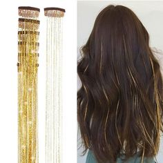 Golden Hair Tinsel, Dark Brown Hair With Tinsel, Gold Hair Tinsel, Glitter Hair Extensions, Fairy Hair Tinsel, 2nd Day Hair, Top Knots, Hair Tinsel, Multi Colored Hair