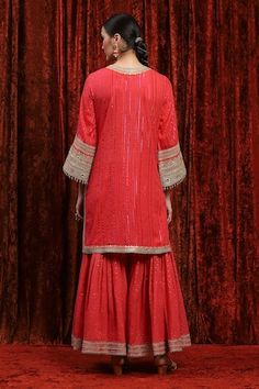 Watermelon red kurta with striped pattern base highlighted by gota, dori, badla and mirrorwork embroidered details. Comes with dot pattern sharara and checkered dupatta. - Aza Fashions Red V-neck Dress With Dupatta, Red V-neck Kurta With Resham Embroidery, Red V-neck Navratri Sets, Red V-neck Kurta For Festivals, Red Bollywood V-neck Set, Red V-neck Bollywood Set, Red Kurta, Kurta Cotton, Watermelon Red