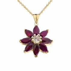 14k Gold Genuine Ruby And Diamond Daisy Pendant Necklace Metal Type: 14k Solid Gold (Also Available In 10k Solid Gold) Metal Color: Yellow Gold Or White Gold Or Rose Gold Pendant W/Chain: 1.9 - 2.1 Grams (Vary From Length Chain) Center Stone Quantity: 1 Diamond Carat Weight: (0.03) Size And Shape: 2.1mm Round Side Stones: 8 -Ruby : 4x2mm Marquise Carat Weight:0.50 Cts Chain Is In 16", 18". 20". 22" Brand New. Made In Usa. Please Allow 5-7 Days To Be Shipped. Shine Jewelry, Platinum Bracelet, Daisy Pendant, Being Prepared, Gemstone Pendant Necklace, Daisy Necklace, Rose Gold Pendant, Flower Pendant Necklace, Gemstone Necklace Pendant