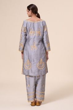 Grey kurta with aari thread embroidered animal motifs and sequin embellishments. Comes with salwar and dupatta. - Aza Fashions Eid Brocade Traditional Wear With Gold Embroidery, Eid Traditional Wear With Gold Embroidery In Brocade, Eid Traditional Wear With Gold Embroidery And Brocade, Festival Raw Silk Sets With Gold Embroidery, Elegant Art Silk Sets With Multicolor Embroidery, Elegant Sets With Multicolor Embroidery In Art Silk, Traditional Raw Silk Salwar Kameez With Gold Embroidery, Traditional Wear With Gold Embroidery On Brocade, Traditional Unstitched Salwar Kameez With Gold Embroidery