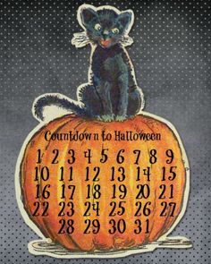 a black cat sitting on top of a pumpkin with the date written in it's calendar