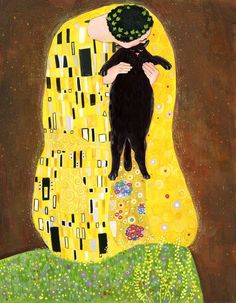 a painting of a woman holding a black cat