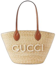 Gucci Bucket Bag With Leather Handles, Gucci Brown Bucket Bag, Luxury Bucket Straw Bag, Designer Straw Bag With Leather Handles For Shopping, Designer Natural Color Summer Bag, Designer Natural Bags For Summer, Luxury Natural Straw Bag For Shopping, Designer Natural Straw Bag For Travel, Designer Beige Woven Straw Bag