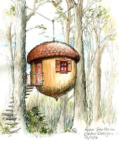 a drawing of a tree house hanging from a tree in the woods with stairs leading up to it