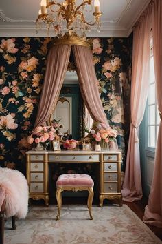 Girly Grown Up Bedroom, Cottagecore Dressing Room, Small Room Design Ideas Maximize Space, Regal Bedroom Aesthetic, Burlesque Dressing Room, Feminine House Aesthetic, Flower Wall Bedroom Room Decor, Rococo Aesthetic Bedroom, French Dressing Room