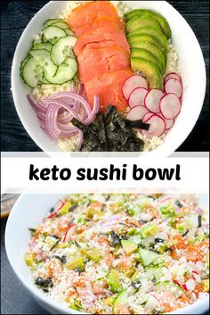 white bowl with keto california roll sushi bowl and text No Carb Sushi, Bariatric Sushi Recipes, Sushi Recipes No Rice, Keto Sushi Recipes, Low Carb Japanese Recipes, Crunchy Roll Sushi Recipe, Keto Sushi Bake, Keto Sushi Bowl