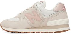 Low-top paneled mesh, faux leather, and faux-suede sneakers in tones of taupe and gray. · Lace-up closure · Textile logo patch at padded tongue · Padded collar · Leather logo appliqué at sides · Brushed jersey lining · ENCAP® foam rubber midsole · Treaded rubber outsole Supplier color: White New Balance 574 White, New Balance For Women, New Balances, Pretty Sneakers, New Balance Outfit, Preppy Shoes, Lifestyle Shoes, Textile Logo, New Balance 574