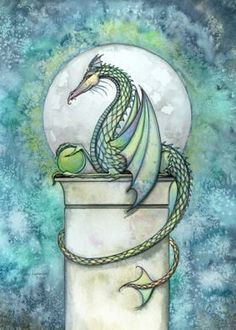 a painting of a dragon sitting on top of a white vase with a green ball in it's mouth