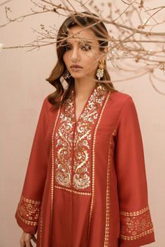 Rust Colour Dress, Long Kurti Patterns, Rust Color Dress, Rust Colour, Latest Dress Design, Kurti Patterns, Stylish Suit, Simple Pakistani Dresses, Designer Party Wear Dresses