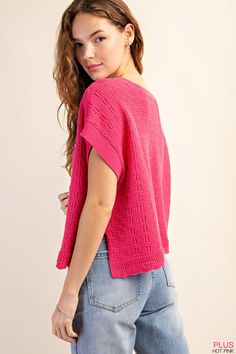 A great pink top for fall! Textured sweater knit, relaxed fit! Sizing: XL 14-16, 1XL 18-20, 2XL 22 Pink Textured Knit V-neck Sweater, Pink V-neck Open Knit Sweater, Pink Oversized Casual Sweater, Casual Oversized Pink Sweater, Pink Oversized Top For Fall, Oversized Pink Tops For Fall, Oversized Pink Top For Fall, Trendy Oversized Knitted Tops, Casual Pink Knitted Sweater