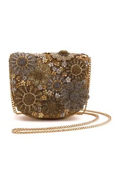 Gold mini bag embellished with beads, crystal, blossom applique and golden hardware detail. Comes with a beaded handle and a sling chain. - Aza Fashions Beaded Rectangular Bag For Reception, Gold Beaded Bags For Reception, Embellished Pouch Shoulder Bag For Reception, Embellished Rectangular Shoulder Bag For Receptions, Embellished Rectangular Shoulder Bag For Reception, Rectangular Beaded Bag For Reception, Gold Hand Embellished Bag For Events, Gold Embellished Bags For Reception, Embellished Pouch Bag For Reception