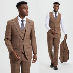 Elevate Your Style Game With The Stacy Adams Textured Windowpane 3-Piece Suit Set. This High-Quality Ensemble Boasts A Hybrid Fit For Comfort And A Tailored Look, Featuring A Classic Notch Lapel, 2-Button Closure, And Thoughtful Details Like Side Vents, Interior French Facing, And Even Underarm Sweat Guards. The Matching Vest Adds A Touch Of Class With Its Five Button Closure And V-Neck, While The Flat Front Pants Are Both Stylish And Practical. Available In Skinny-Fit And Slim-Fit Sizes, This S Brown Fitted Business Sets, Classic Fitted Brown Sets, Fitted Classic Brown Sets, Fitted Brown Sets For Semi-formal Occasions, Double Breasted Vest, Tan Suit, Check Suit, Flat Front Pants, Modern Gentleman