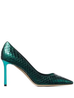 emerald green leather metallic finish snake print pointed toe slip-on style branded insole high stiletto heel Farfetch Shoes, Jimmy Choo Romy, Louboutin Heels, Christian Louboutin Heels, Leather Pumps, Green Leather, Snake Print, Stiletto Heel, Pump Shoes