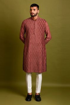 Maroon straight kurta with pintuck detail and diamond pattern. Comes with straight pants.
Components:2
Neckline:Mandarin Collar
Sleeve Type:Full
Fabric:Cotton Silk
Color:Maroon
Other Details:
Side slits
Pintucks at the back
Diamond pattern in front
Closure: Potli button front
Occasion:Mehendi and Puja - Aza Fashions Pajama Men, Ivory Pants, Kurta Set For Men, Pajama Pant, Kurta With Pants, New Energy, Cotton Pyjamas, Kurta Set, Straight Pants