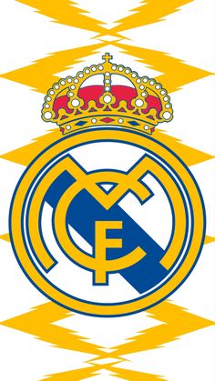 the real madrid crest is shown in blue, yellow and white with a crown on top