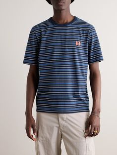 Folk focuses on creating classics that you'll build countless outfits around. This T-shirt is cut for a relaxed fit from striped cotton-jersey and embroidered with abstract motifs at the chest designed by artist Damien Poulain. Casual Cotton T-shirt With Contrast Stripes, Blue Cotton T-shirt With Contrast Stripes, Blue Short Sleeve T-shirt With Contrast Stripes, Sporty Cotton Tops With Vertical Stripes, Striped Cotton Crew Neck Top, Navy Cotton Top With Signature Stripes, Cotton Tops With Vertical Stripes And Short Sleeves, Relaxed Fit Crew Neck Top With Signature Stripes, Blue Cotton T-shirt With Three Stripes